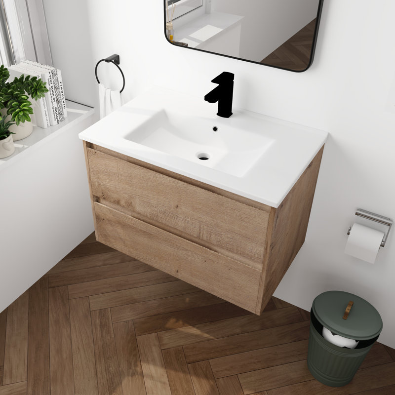 Ensemble de meuble-lavabo mural simple 30 po Corsillo, meuble-lavabo flottant avec lavabo en céramique, 2 tiroirs