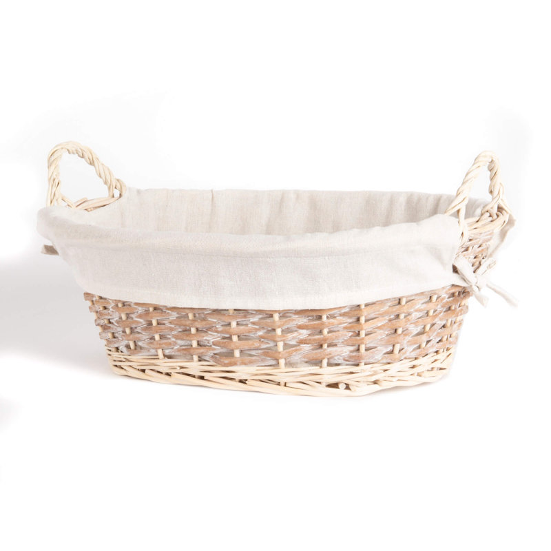 PANIER OVALE WHITEWASH AVEC POIGNÉES D'OREILLE ET DOUBLURE DE TISSU
