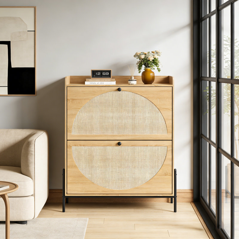 Rattan Shoe Storage Cabinet with 2 Flip Drawers for Entryway, Brown
