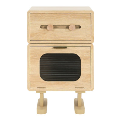 Multi - Use Robot Shaped Side Table With Natural Color, Rotating Feature, And Air Structure For Living Rooms Finished Rotatable Glass Cabinet, Convenient Drawer, Airflow Promoting Base