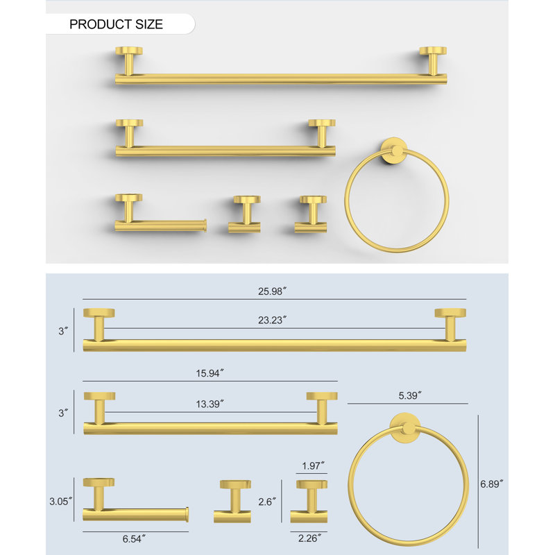 Bathroom Hardware Set 6-Piece Bath Hardware Set With Towel Bar, Towel Ring, Robe Hook, Toilet Paper Holder, Brushed Gold