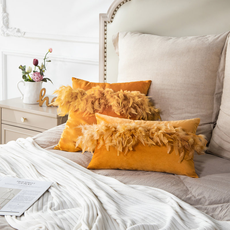 Feather Pillow Cover Throw Pillow, 18"H x 18"W, Orange, Pillow Cover