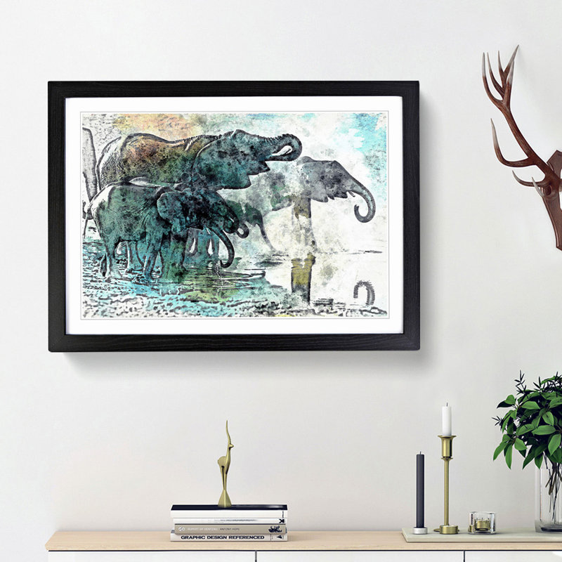 Elephants at the Waterhole in Abstract - Picture Frame Painting Print on MDF, Black Framed, 27cm H x 36cm W x 2cm D