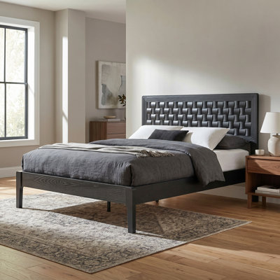 Squaro Mid-Century Modern Solid Wood Bed Frame with Woven Headboard - King Size in Ebony Black