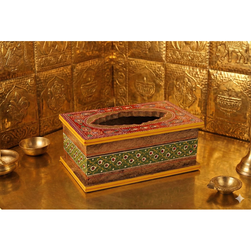 Hand-Painted Wooden Tissue Box Cover - 10" Floral Lacquer Art Dispenser - Traditional Indian Home Décor