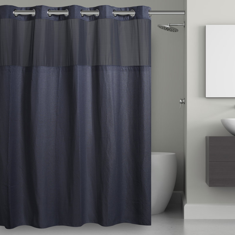 Rideau de douche gaufré sans crochet, rideau de douche 3-en-1 avec rideau de douche en tissu, anneaux flexibles et doublure en tissu, l 71 po x L 74 po, bleu marine