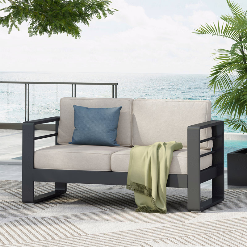 Outdoor Patio Loveseat, Bay MP1 Black Finish With Beige Cushion