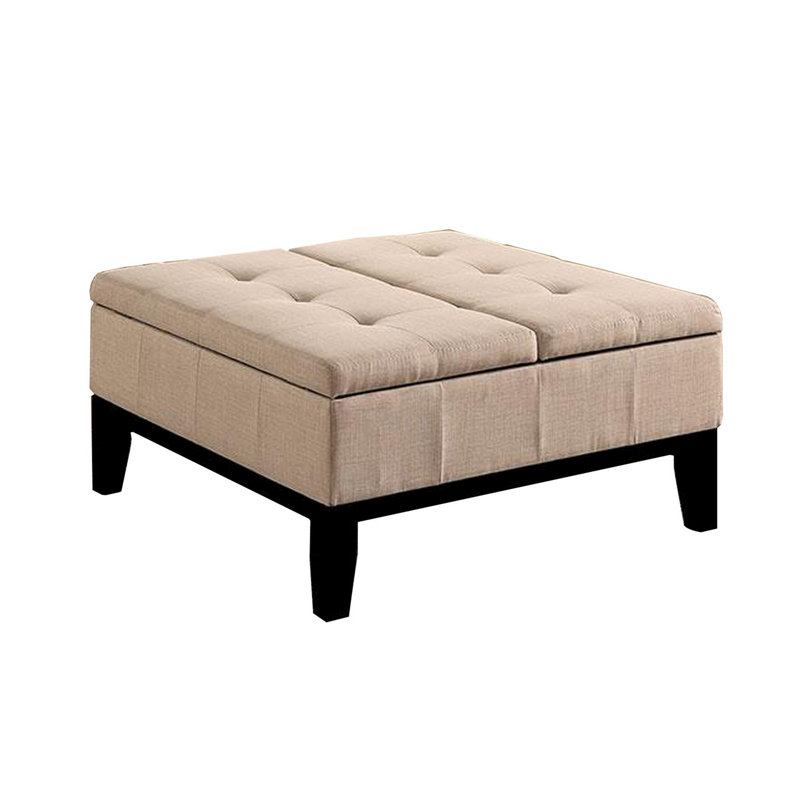 Repose-pieds Rippley 36 po, couvercle de rangement divisé, revêtement capitonné gris foncé, bois, Tissu beige
