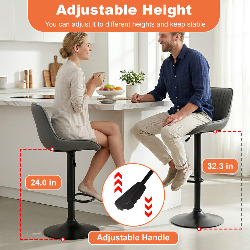 Ensemble de 2 tabourets de bar et fauteuil pivotant en cuir avec dossier et chaise de bar, Grey