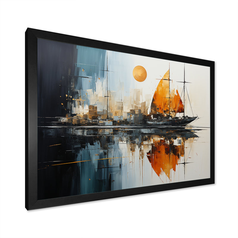«Moonlight Saiboat Collage Horizon III - Bateau à voile, art mural», Cadre flottant blanc, H 12 po x l 20 po x P 1 po