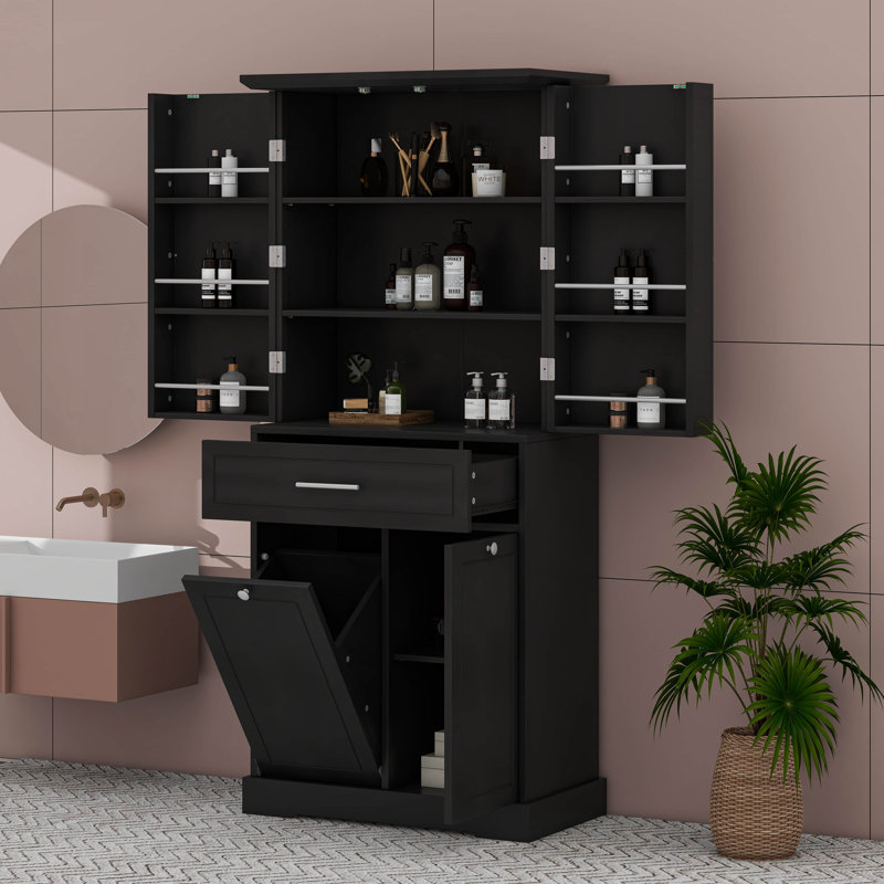 Armoire de rangement de salle de bain avec panier à linge inclinable, Noir