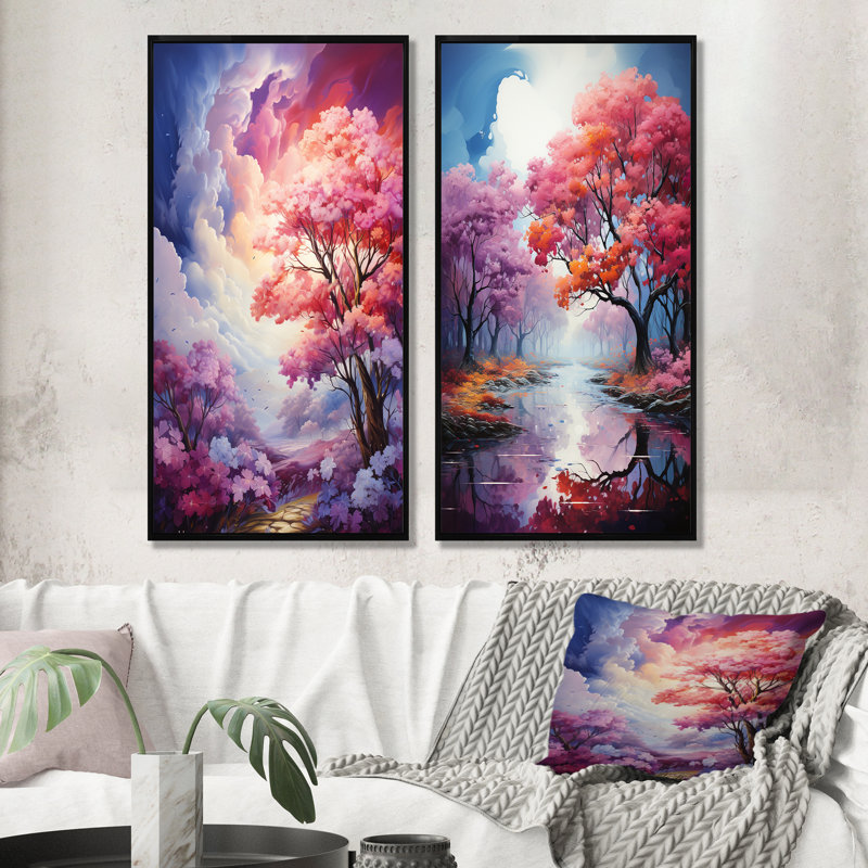 Mystic Forest Sunlight - ensemble d'art mural sur toile paysage 2 pièces, Cadre noir, H 40 po x l 41 po