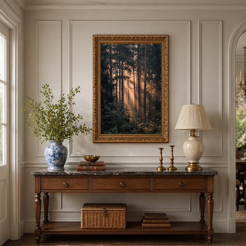 «Pine Trees with Golden Sunlight Through Mist», art mural sur toile, H 30 po x l 20 po