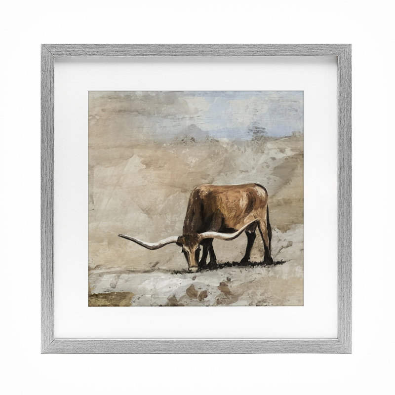 «Logan Longhorn», reproduction sous verre encadrée, conception par Errico & Slyp, H 16 po x l 16 po, Cadre de ferme gris