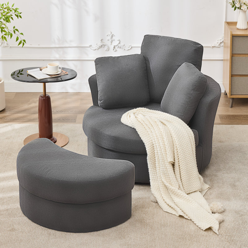 Oversized Swivel Barrel Chairs Round Accent Chair With Storage Ottoman And Removable Headrest, Dark Gray