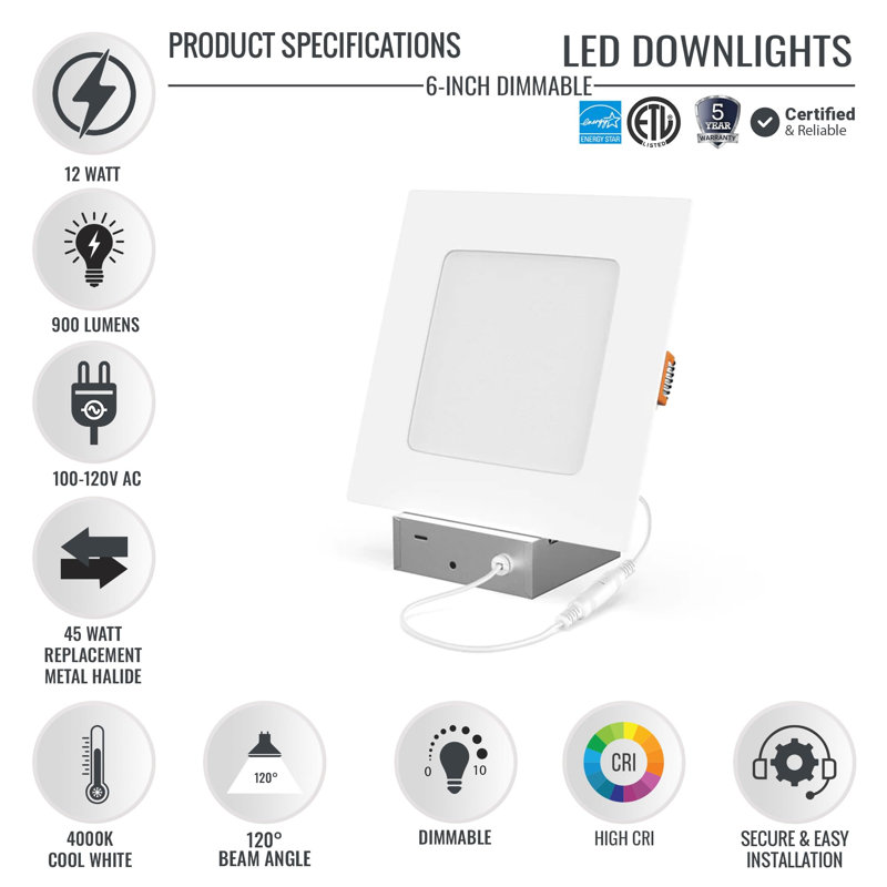 6'' Selectable Color Temperature Dimmable LED Retrofit Recessed Lighting Kit