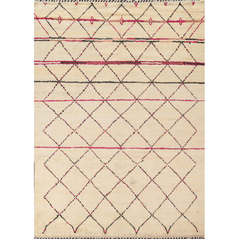 Tapis beige en laine noué à la main de conception unique 8 pi 0 po x 9 pi 9 po marocain