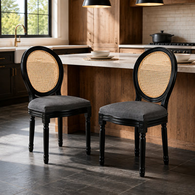 Ensemble de 2 chaises de salle à manger rembourrées style campagne française avec dossier rond en rotin, structure en bois massif robuste