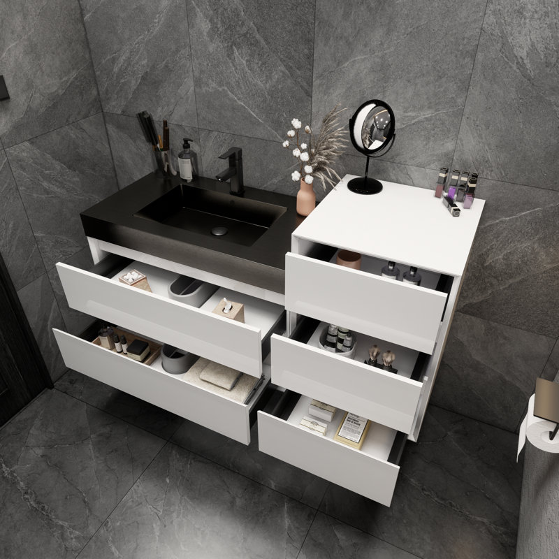 Ensemble de meuble-lavabo mural simple 61,5 po avec plateau en métal Ayami, Blanc lustré