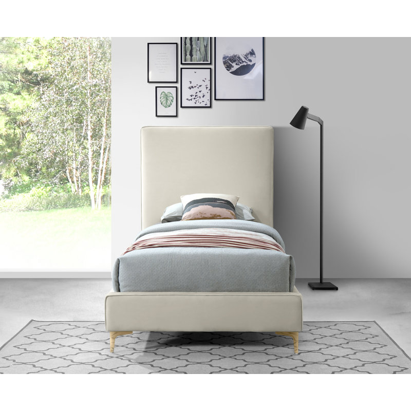 Upholstered Platform Bed, Twin, Cream Velvet