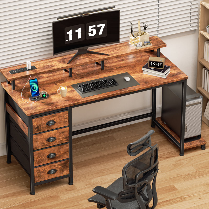 Computer Desk With Led Lights And Power Outlets, Gaming Desk With Monitor Stand,Home Office Writing Desk With 4 Fabric Cabinet