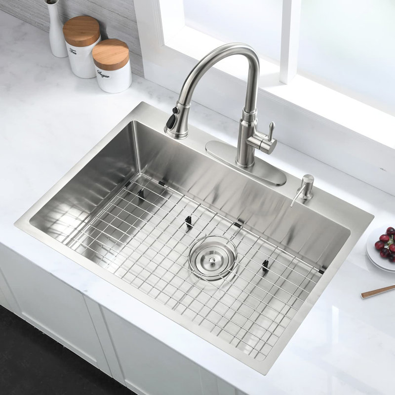 Stain 30 In Drop-In Kitchen Sink With Large Capacity & 3.5" Drain Rust Stainless Steel Basket Strainer Extra Basin