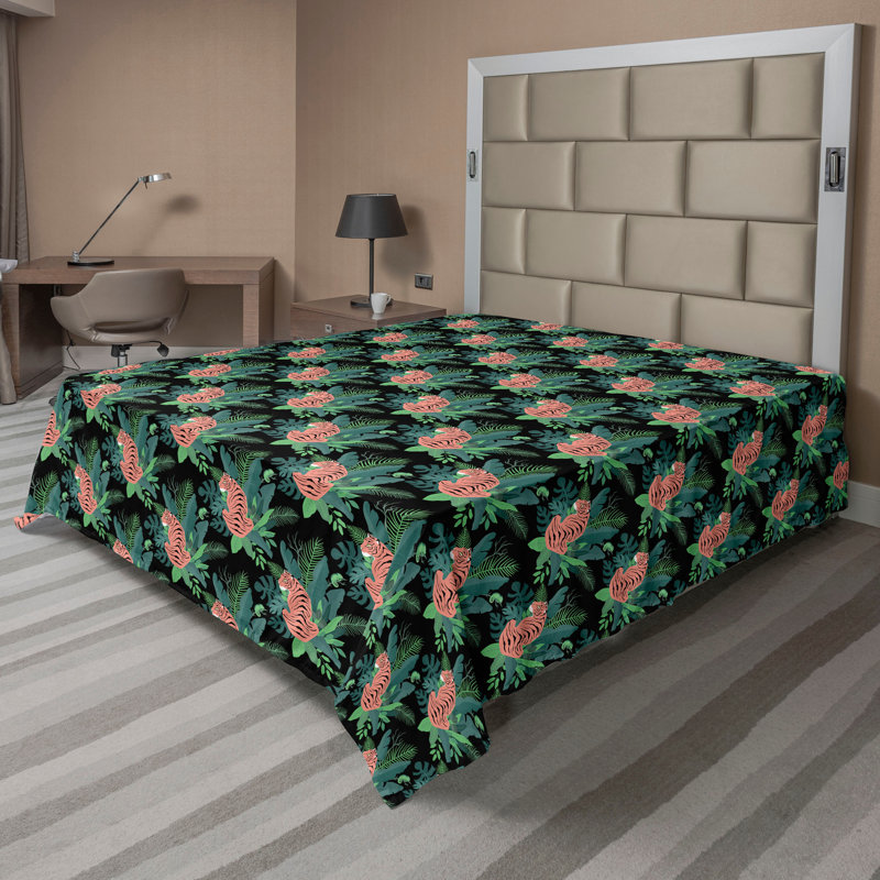 Drap plat Ambesonne imprimé tigre et caméléon saumon vert paon, Drap plat pour taille de lit très grand californi