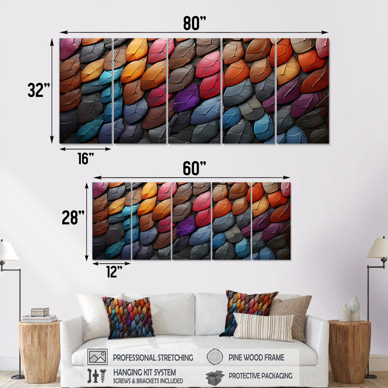 5 pièces d'art sur toile, "Pierre colorée", H 28 po x l 60 po