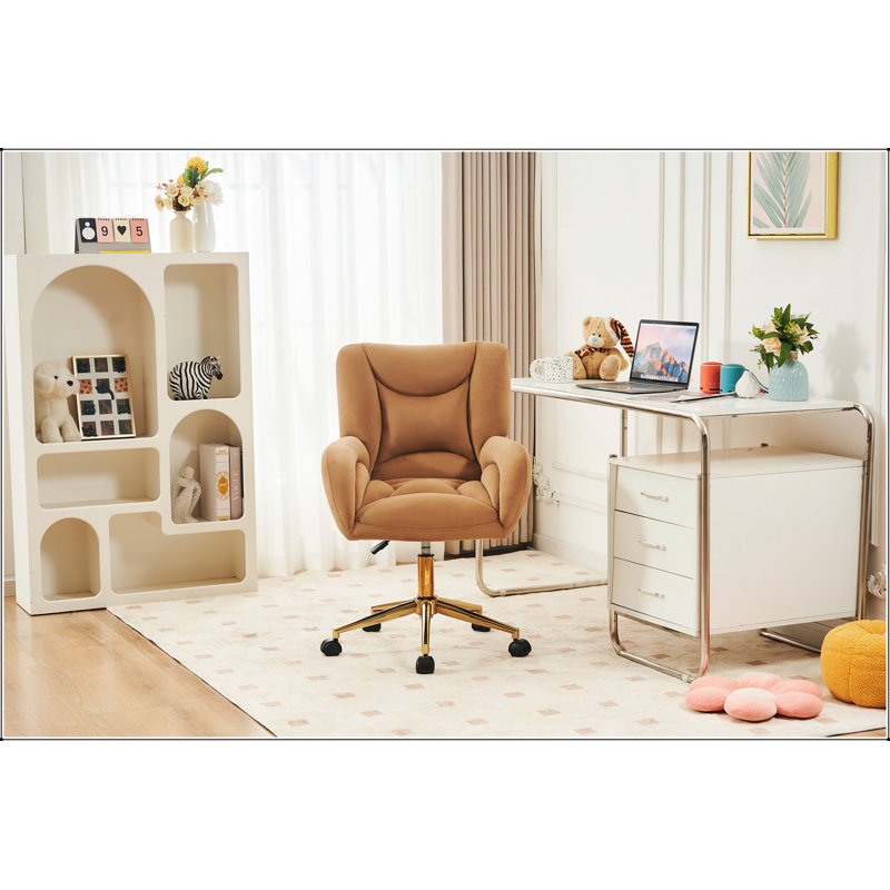 Chaise de bureau pivotante en velours 360 avec base en métal doré et roues universelles, Café