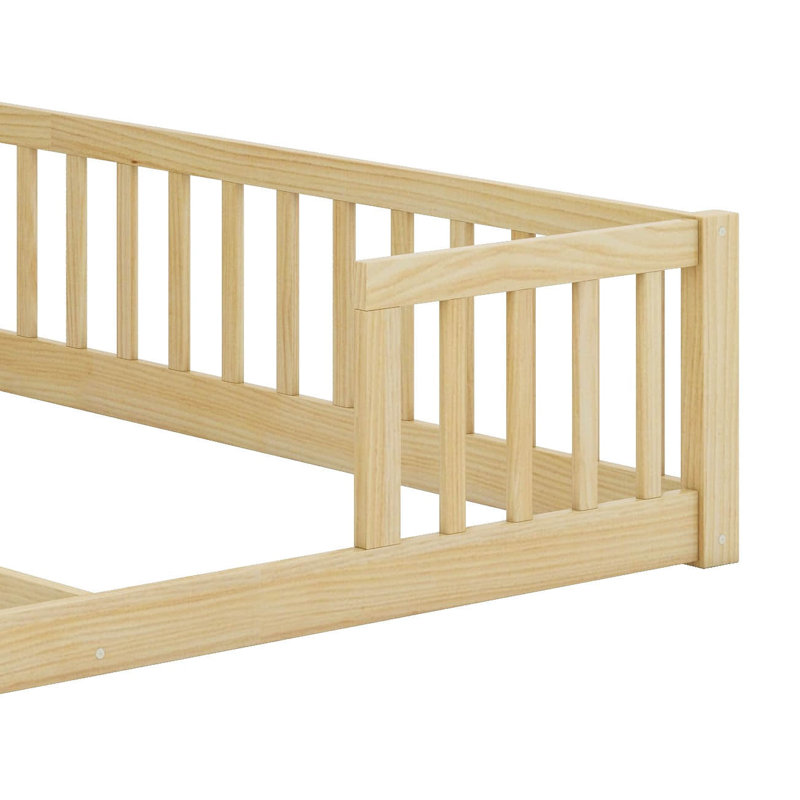 Lit double simple avec barrière de sécurité et garde-corps, Naturel