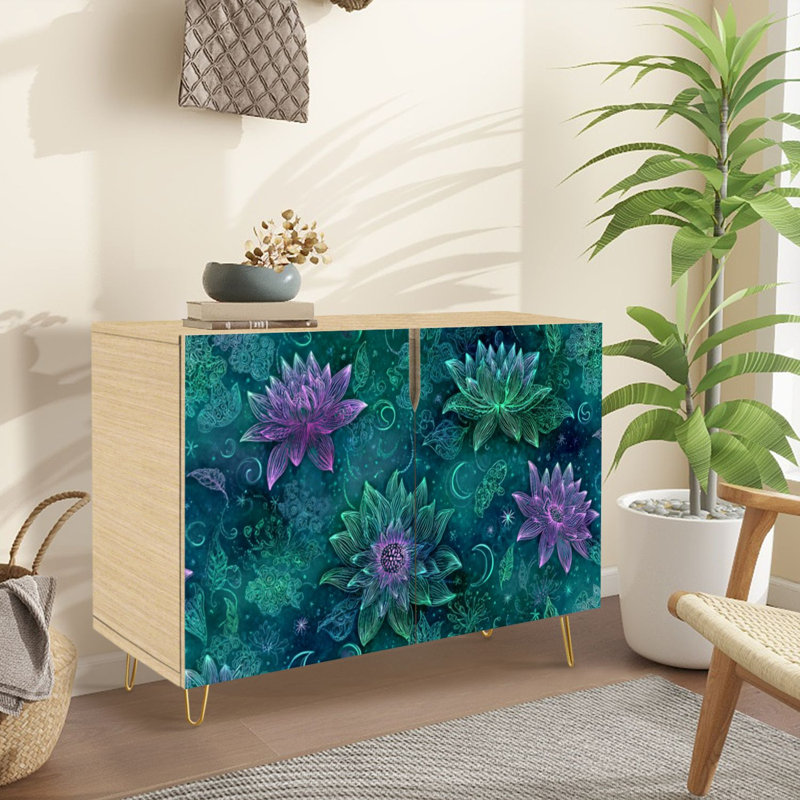 Buffet Buffet avec rangement Fantasy Celestial Blossom Nebula Floral avec 2 portes pour le salon et la cuisine