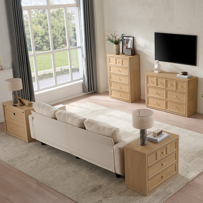 Mid-Century 29.5W 5-Drawers Dresser (Set Of 2),Wood Tall Chest of Drawers, Natural