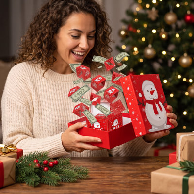 Christmas Reindeer Surprise Bounce Box Up Money Gift Box Explosion Jumping Cash Box Prank Gift Box with Matching Gift Bag Funny Holiday Surprise Prese