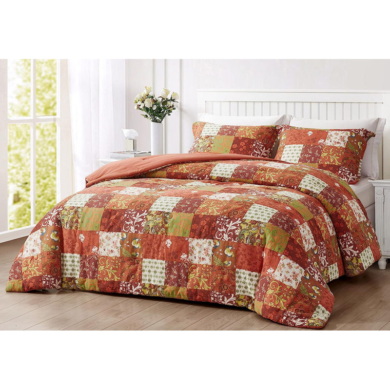 Boho Printed Patchwork Lightweight Washed Cotton Comforter Set , Queen Comforter, Orange/Green/White