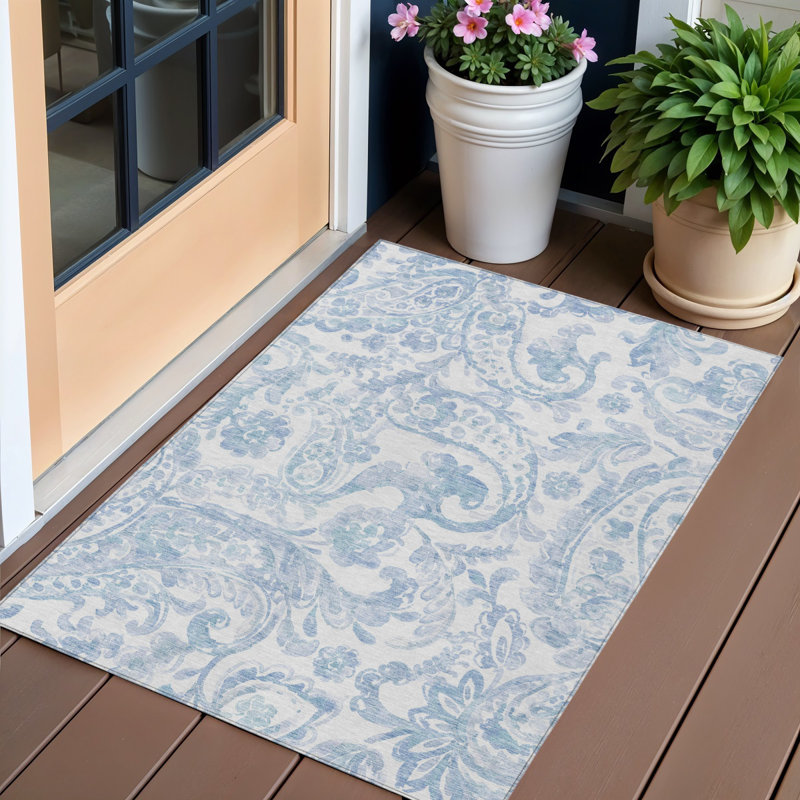 Tapis intérieur lavable 3 pi x 5 pi bleu denim et cachemire ivoire