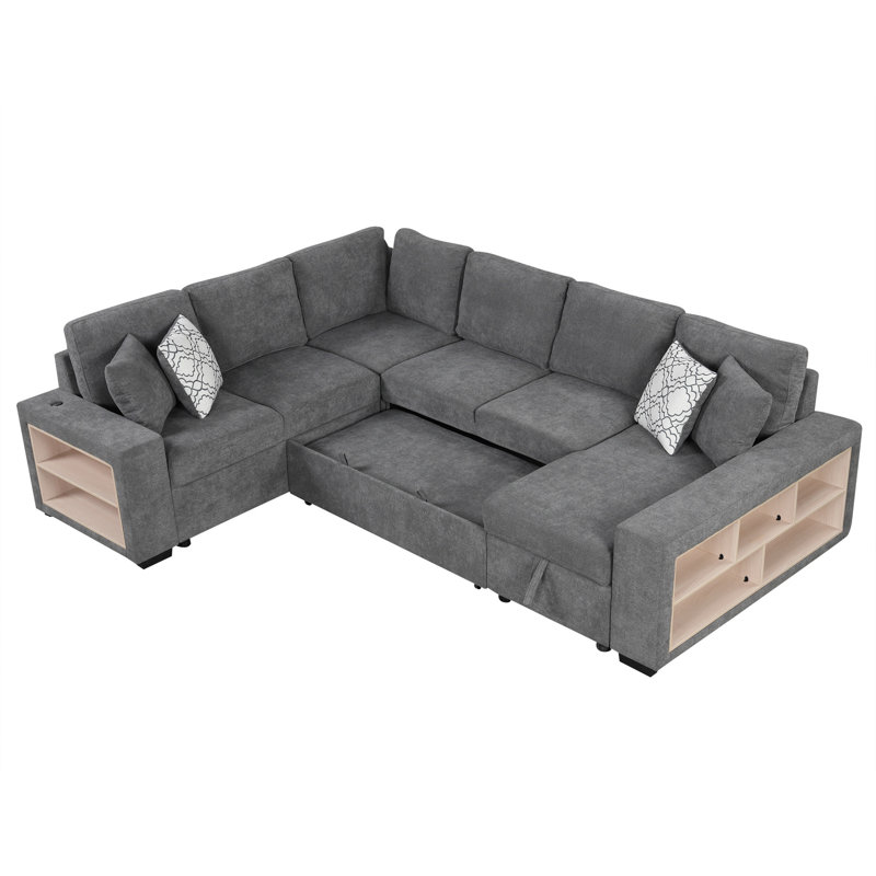109" U-Shaped Sectional Sofa Pull-Out Sofa Bed With Two USB Ports, Gray Chenille