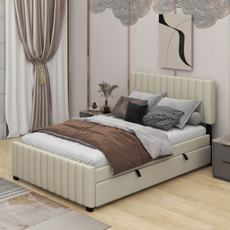 Full Size Velvet Upholstered Platform Bed With Twin Size Trundle, Beige