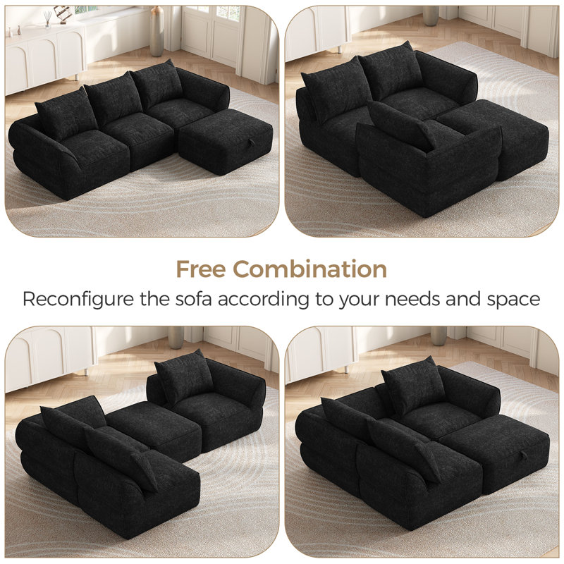 104" Modular Sectional Sofa with Deep Seat, L Shaped Cloud Couch for Living Room, 3-Seater Compression Boneless Sofa with Movable Ottomans, Removable Cover, No Assembly Required, Graphite Black