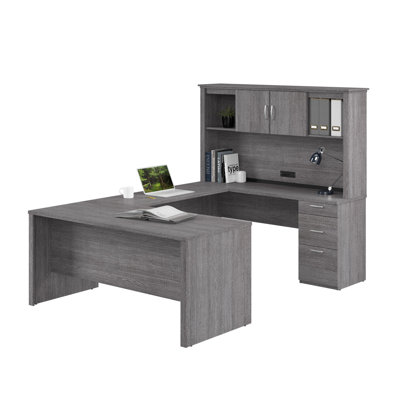 Bureau en U de 66 pouces avec tiroirs et rehausse en chocolat blanc