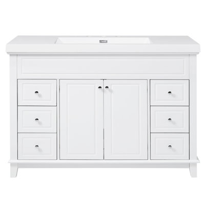 Meuble-lavabo 48 po avec lavabo en résine, 6 tiroirs à fermeture en douceur et portes doubles avec tablettes à 2 niveaux, pieds en pin massif, blanc