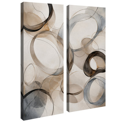Cercle abstrait beige et gris neutre – Ensemble de 2 impressions sur toile 32 po x 12 po x 2