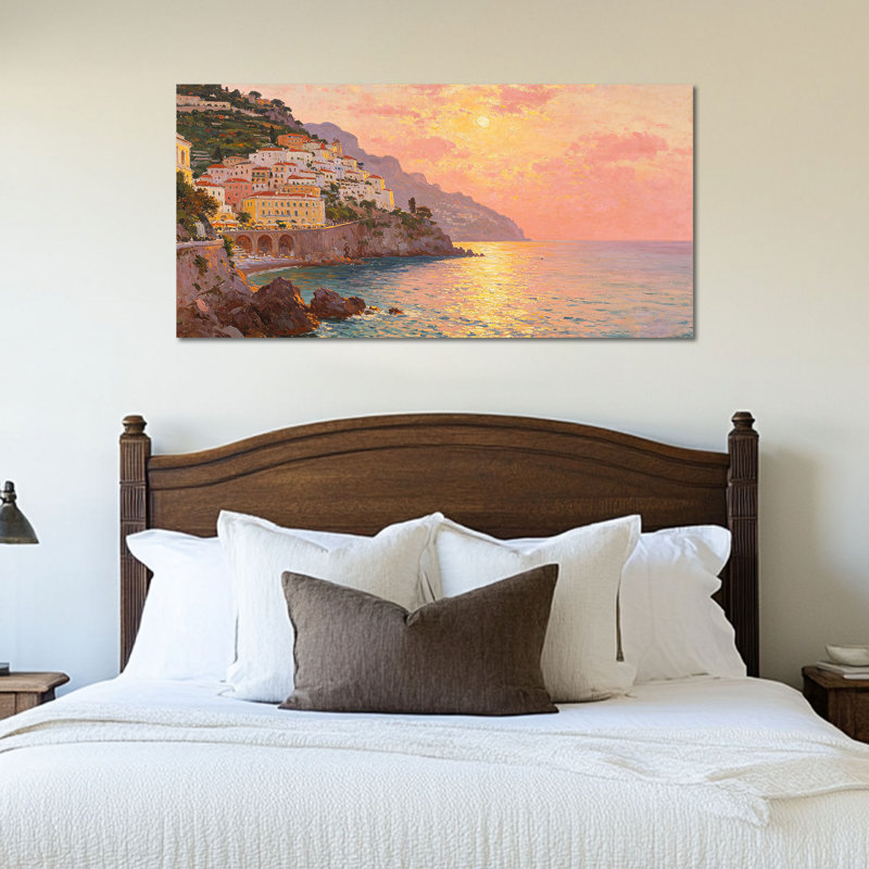 Coucher de soleil - peinture côtière italienne pour la décoration méditerranéenne, œuvre d'art de plage vibrante pour le bureau de la chambre à coucher, toile tendue avec cadre en pin, 12 po x 24 po