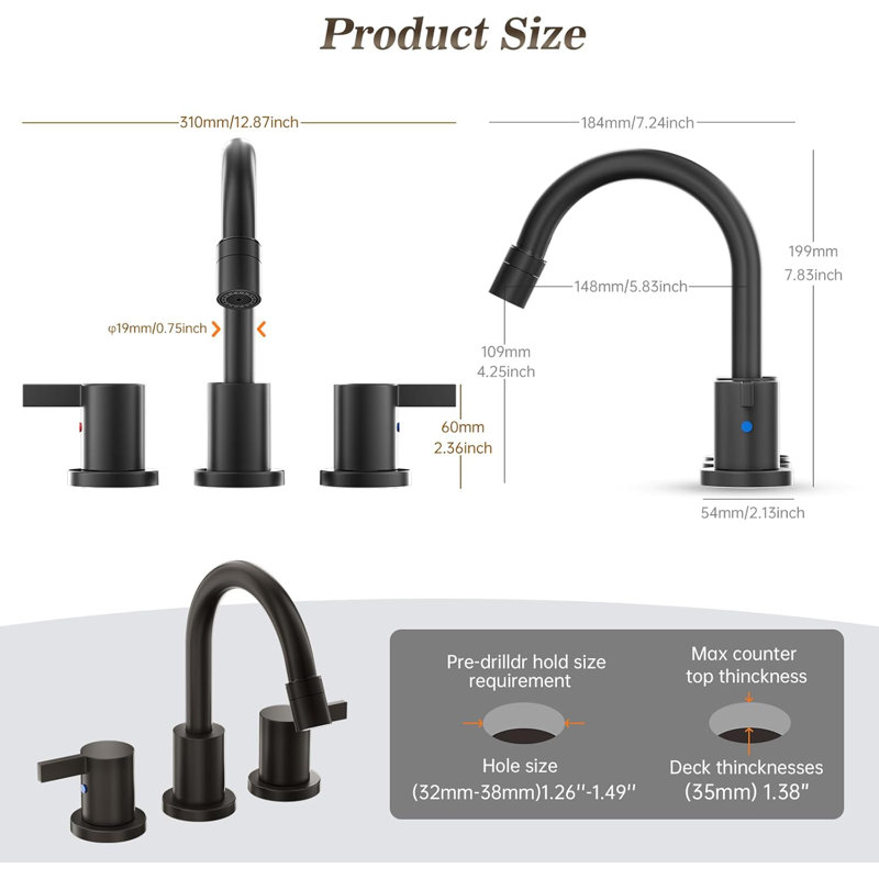 Robinet escamotable de lavabo de salle de bain noir mat 8 pouces, robinet de salle de bain escamotable à 2 poignées et 3 trous, avec bonde escamotable et ligne d'alimentation en eau