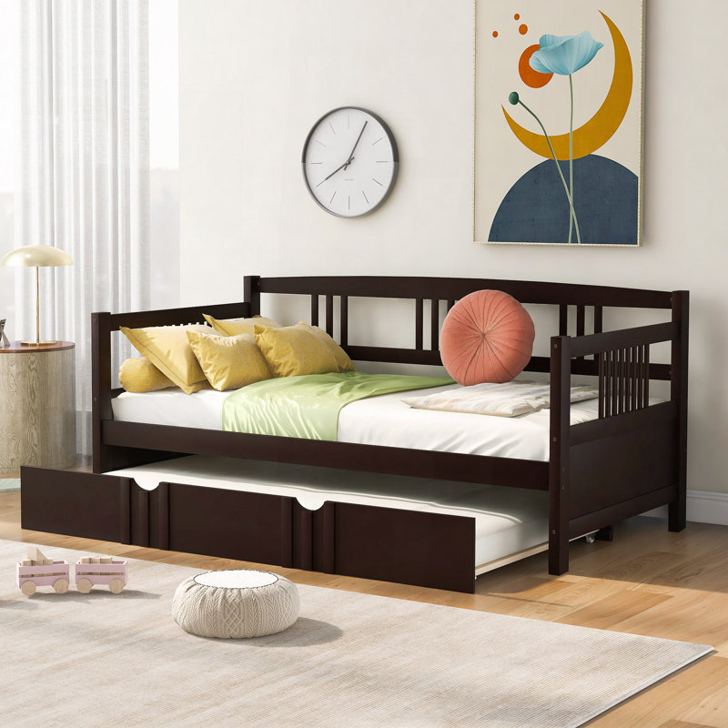 Daybed Wood Bed With Trundle, White, Twin
