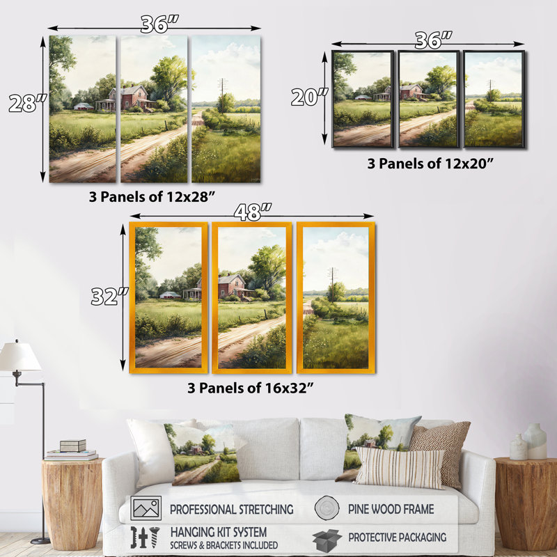 «Beautiful Barn In Spring IV», reproduction sur toile 3 pièces, H 28 po x l 36 po x P 1 po, Cadre noir