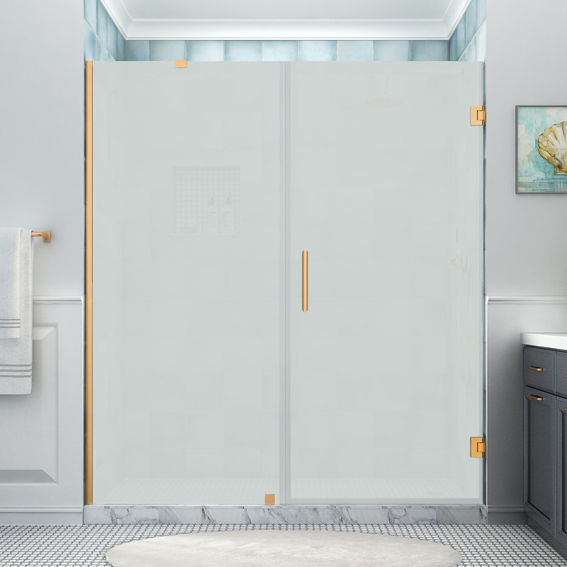 Belmore XL 71.25 - 72.25 in. W x 80 in. H Frameless Hinged Shower Door with StarCast Glass, Brushed Gold, Frosted Glass