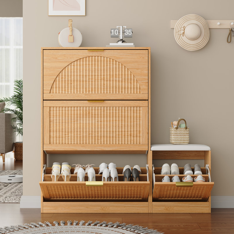 Meuble à chaussures de 124 cm de large pour 24 paires, avec 3 tiroirs à charnières et banc à chaussures, Beige