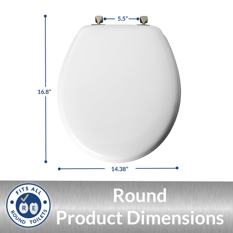 White Round Enameled Wood Toilet Seat with Brushed Nickel Hinges