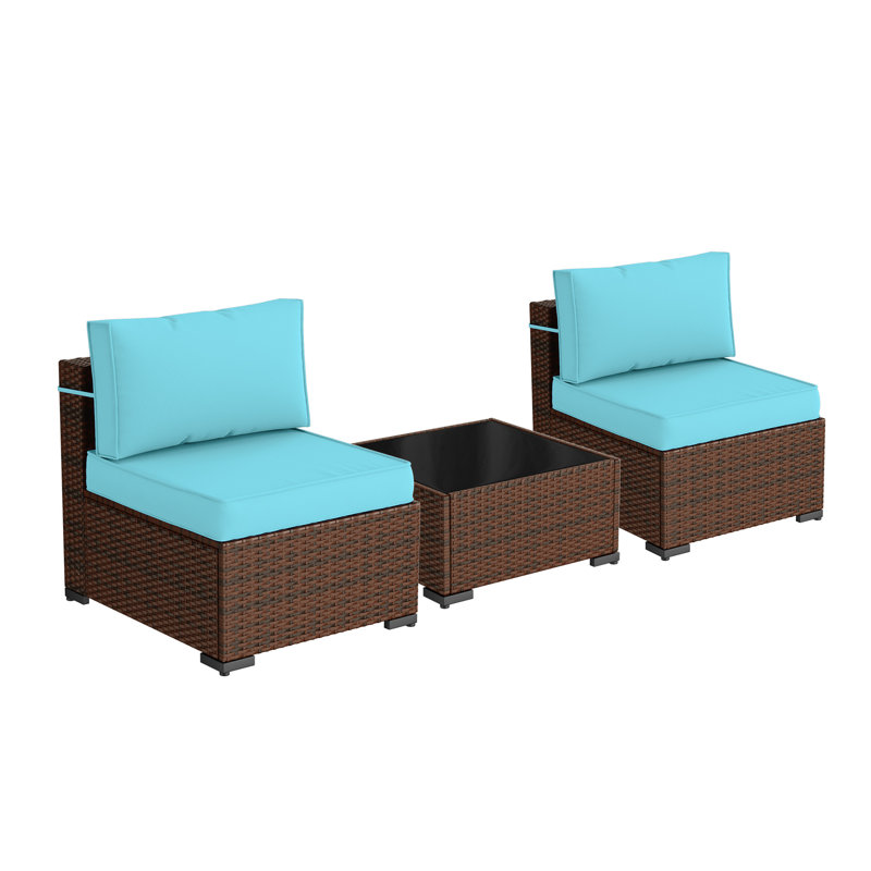 Naveena 2-Person 3-Piece Wicker Seating Group with Glass Top Table , Blue
