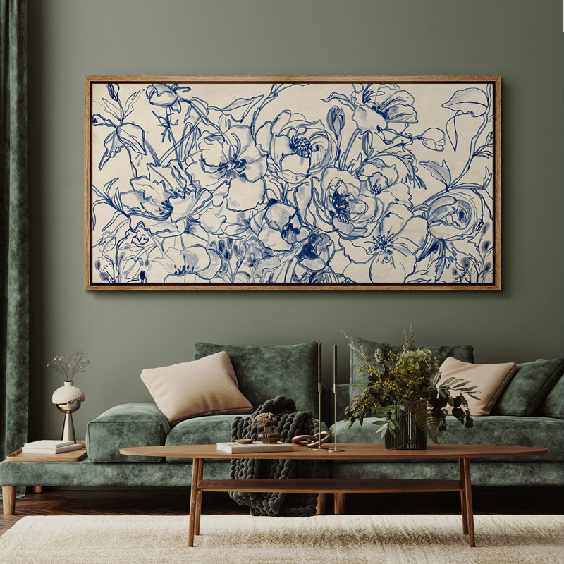 Navy Blue Abstract Flower Artwork Modern Boho Extra Large Pictures Framed Canvas Print Wall Art, 30" H x 60" W, Natural